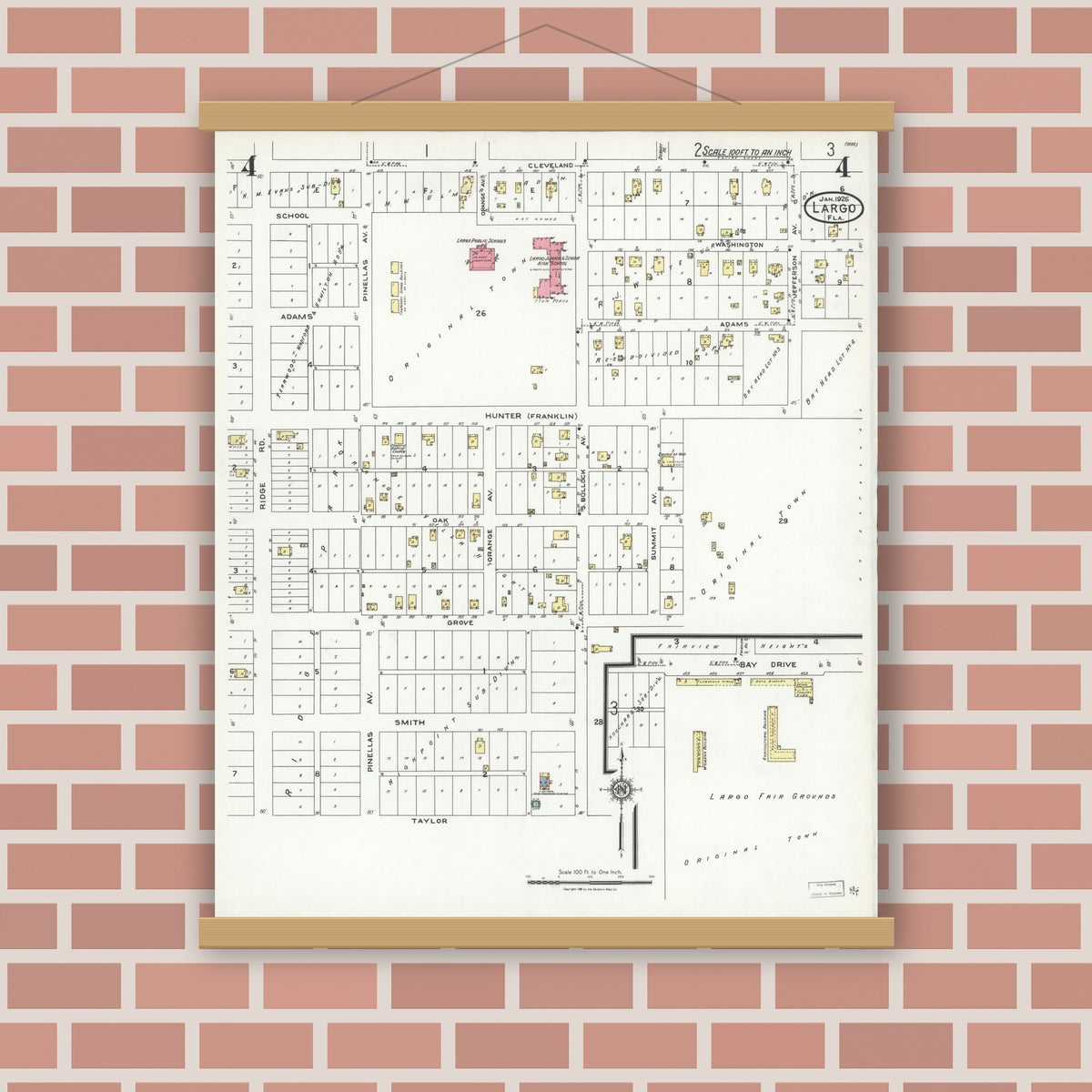 Old map wall art mockup — magnetic wood frame on brick wall — Sanborn Fire Insurance Map from Largo, Pinellas County, Florida (1926), Sheet #0004