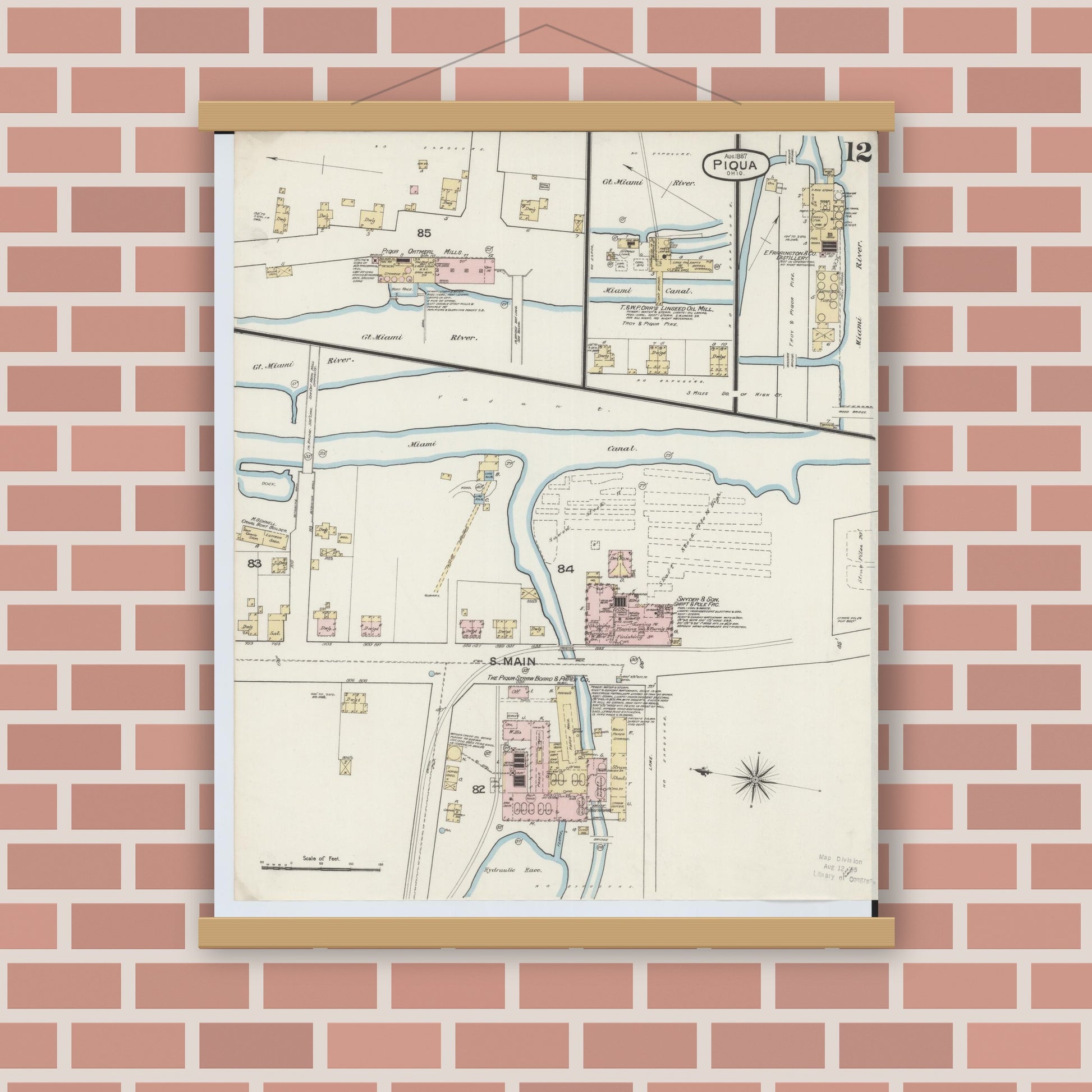 Old map wall art mockup — magnetic wood frame on brick wall — Sanborn Fire Insurance Map from Piqua, Miami County, Ohio (1887), Sheet #0012