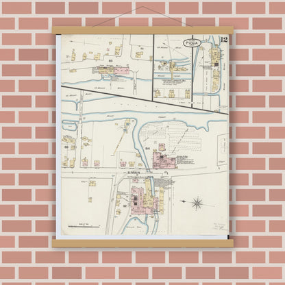 Old map wall art mockup — magnetic wood frame on brick wall — Sanborn Fire Insurance Map from Piqua, Miami County, Ohio (1887), Sheet #0012