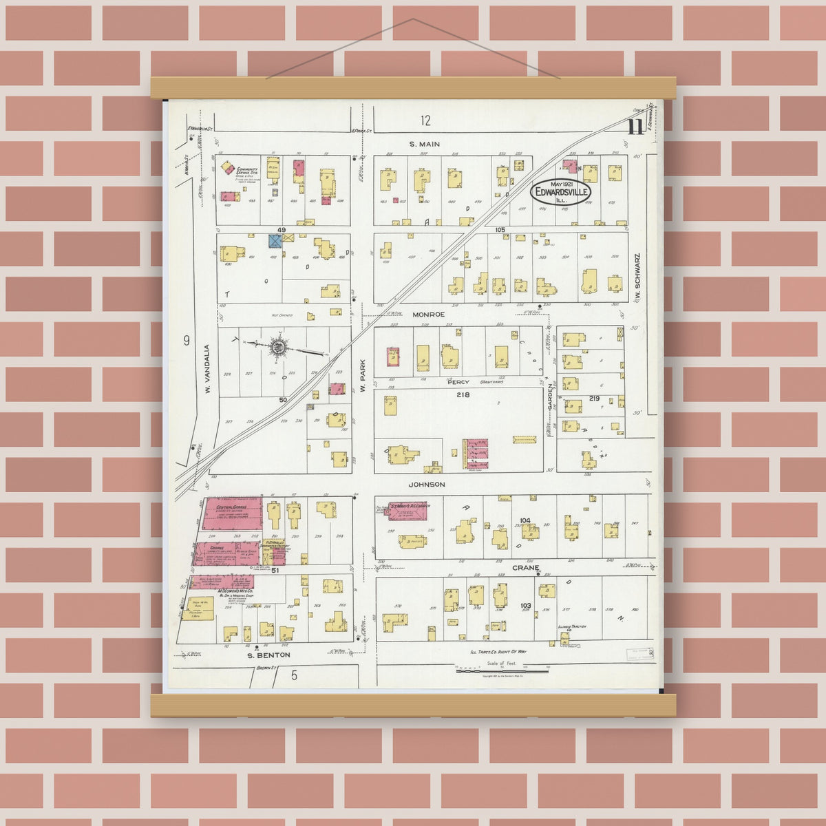 Old map wall art mockup — magnetic wood frame on brick wall — Sanborn Fire Insurance Map from Edwardsville, Madison County, Illinois (1921), Sheet #0011