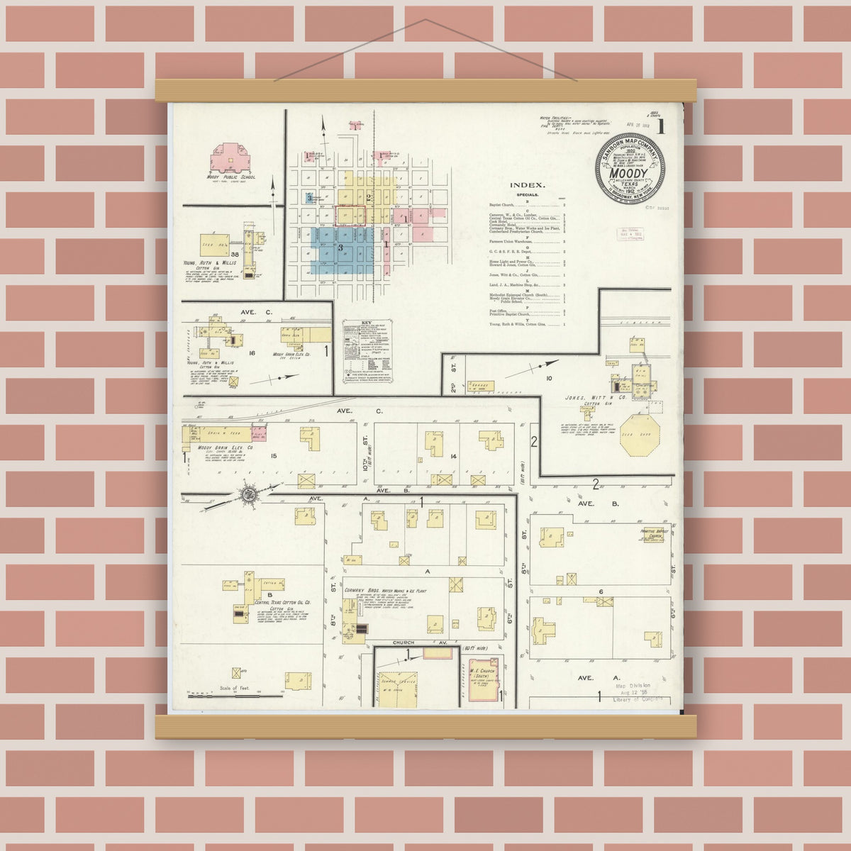 Old map wall art mockup — magnetic wood frame on brick wall — Sanborn Fire Insurance Map from Moody, McLennan County, Texas (1912), Sheet #0001