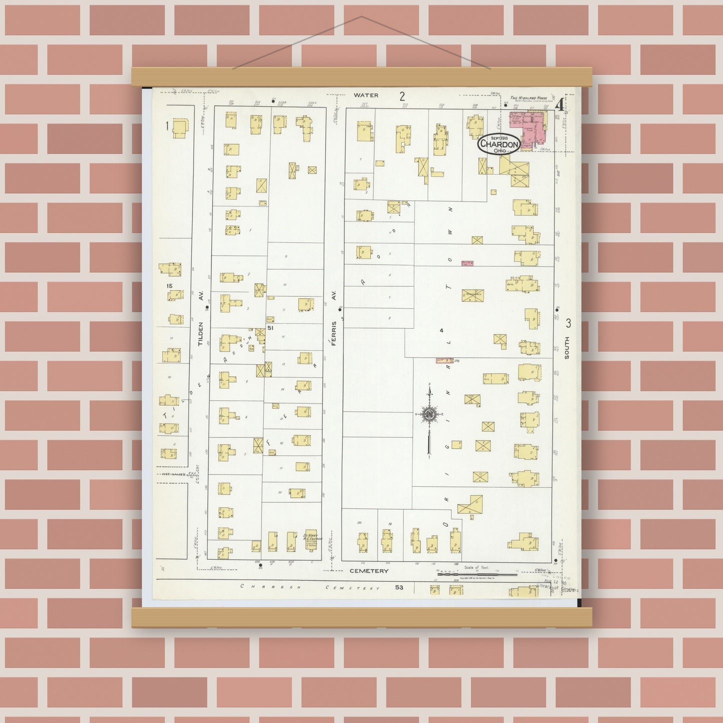 Old map wall art mockup — magnetic wood frame on brick wall — Sanborn Fire Insurance Map from Chardon, Geauga County, Ohio (1918), Sheet #0004