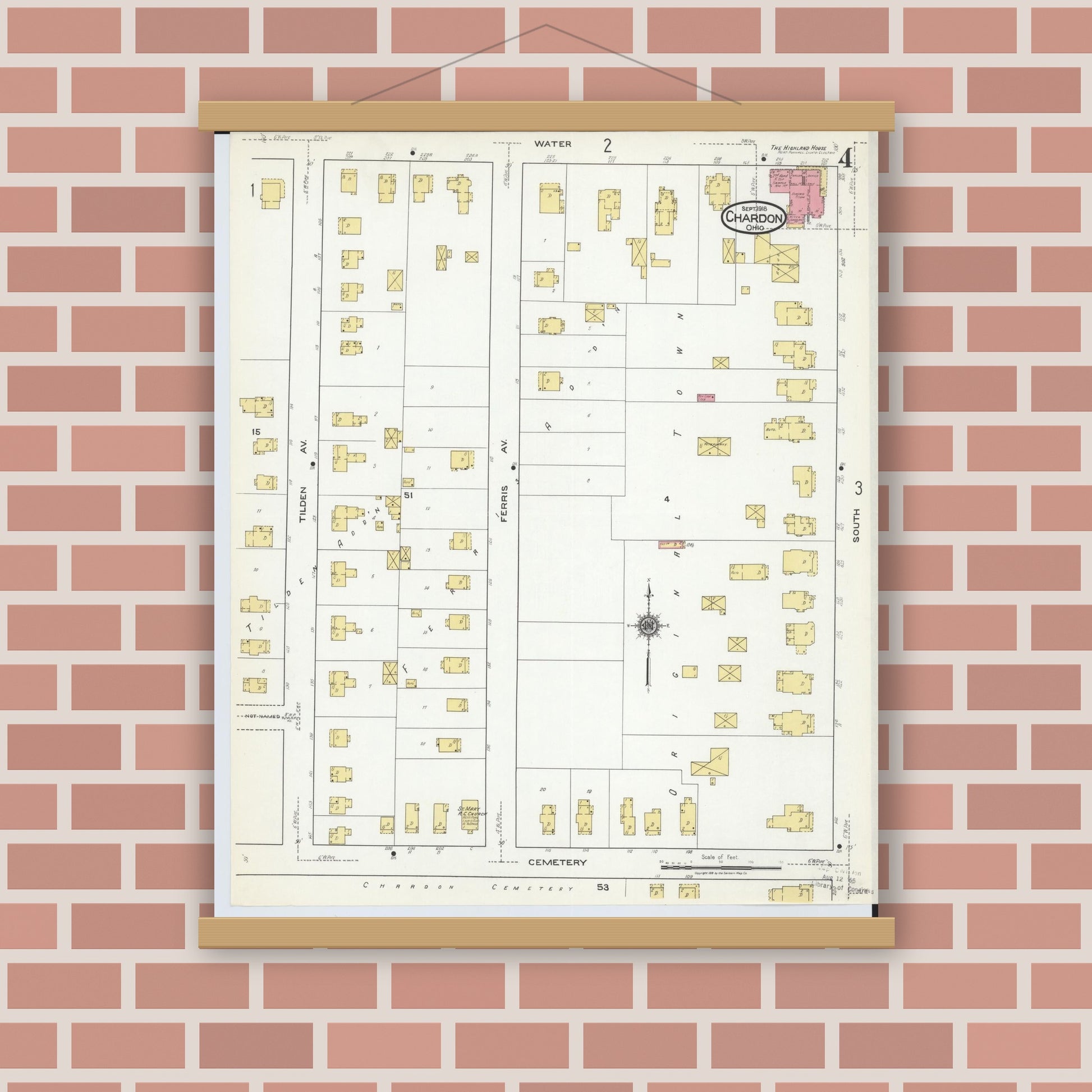 Old map wall art mockup — magnetic wood frame on brick wall — Sanborn Fire Insurance Map from Chardon, Geauga County, Ohio (1918), Sheet #0004