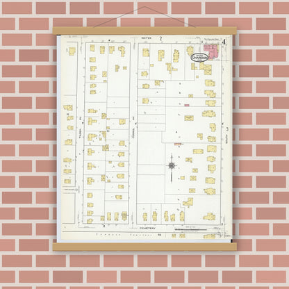 Old map wall art mockup — magnetic wood frame on brick wall — Sanborn Fire Insurance Map from Chardon, Geauga County, Ohio (1918), Sheet #0004