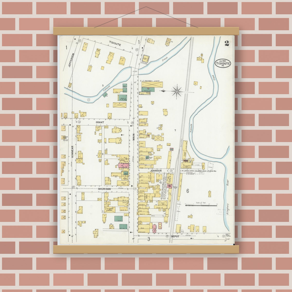 Old map wall art mockup — magnetic wood frame on brick wall — Sanborn Fire Insurance Map from Tidioute, Warren County, Pennsylvania (1900), Sheet #0002