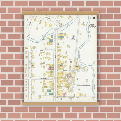 Old map wall art mockup — magnetic wood frame on brick wall — Sanborn Fire Insurance Map from Tidioute, Warren County, Pennsylvania (1900), Sheet #0002