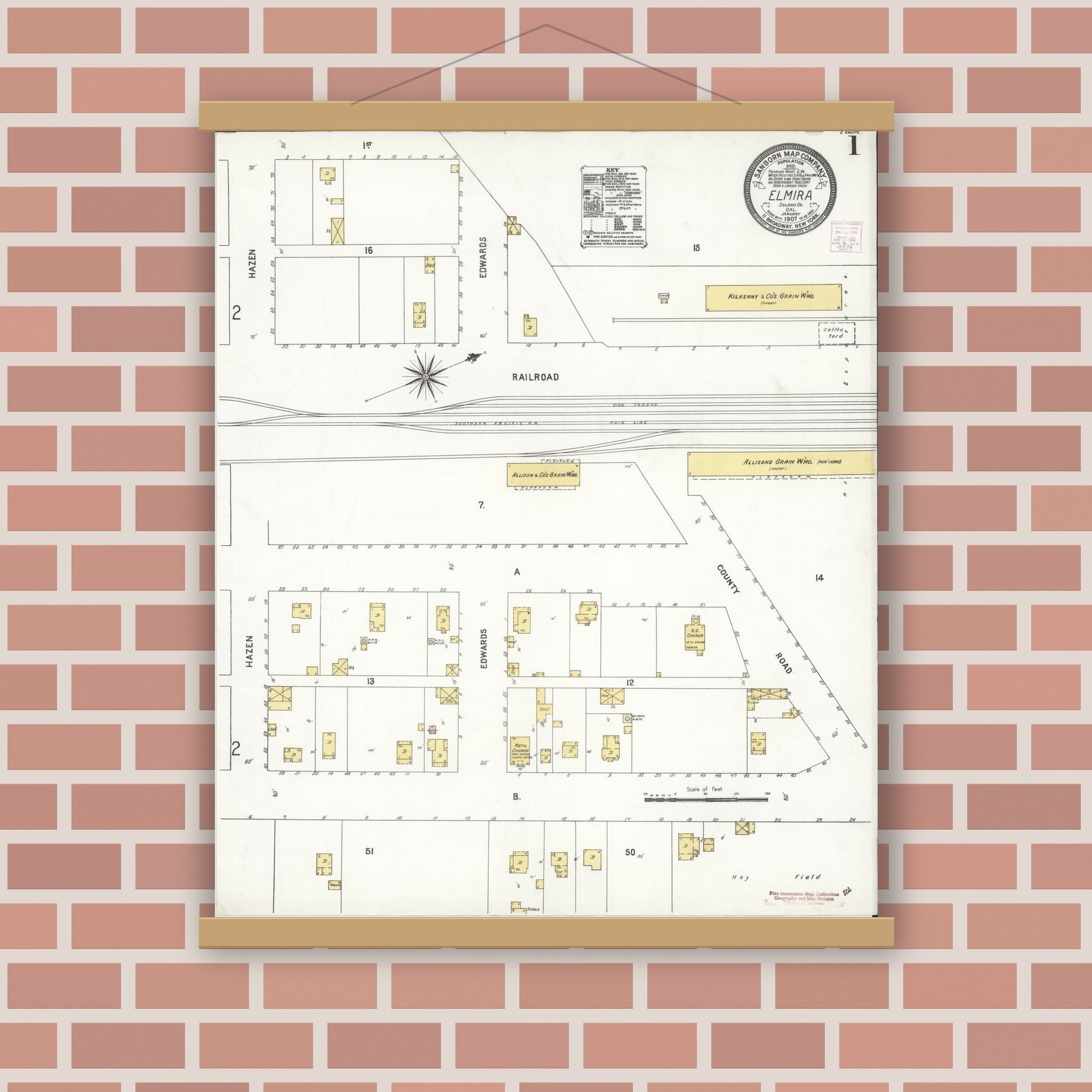 Old map wall art mockup — magnetic wood frame on brick wall — Sanborn Fire Insurance Map from Elmira, Solano County, California (1907) - Complete Map Set
