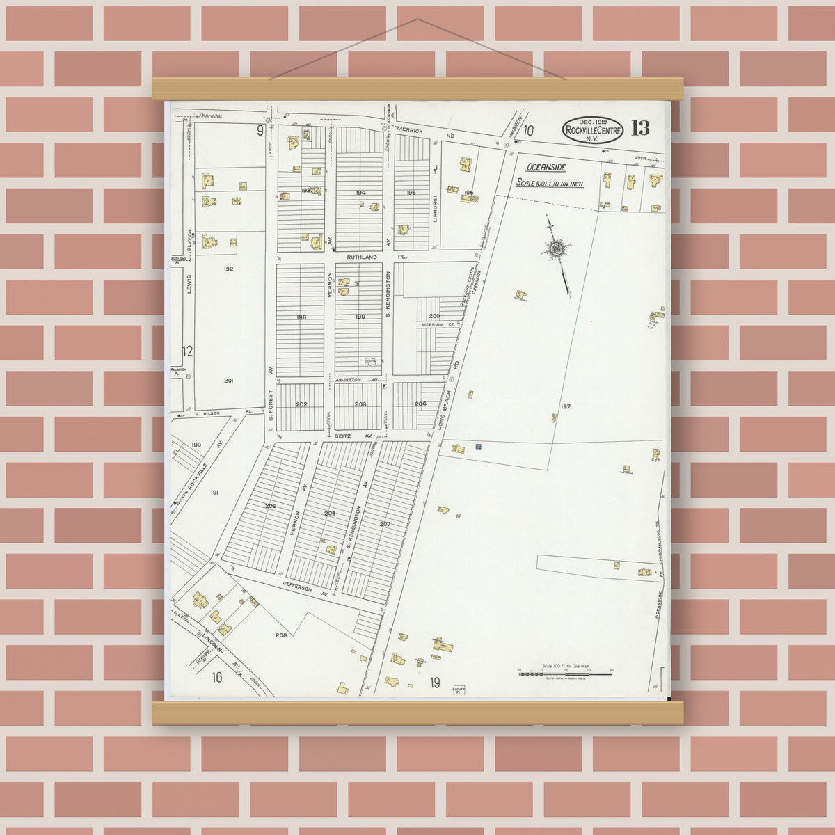 Old map wall art mockup — magnetic wood frame on brick wall — Sanborn Fire Insurance Map from Rockville Centre, Nassau County, New York (1919), Sheet #0013