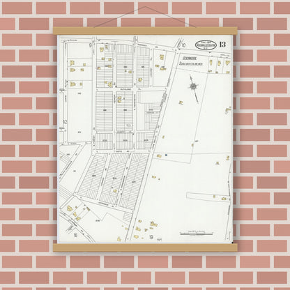 Old map wall art mockup — magnetic wood frame on brick wall — Sanborn Fire Insurance Map from Rockville Centre, Nassau County, New York (1919), Sheet #0013