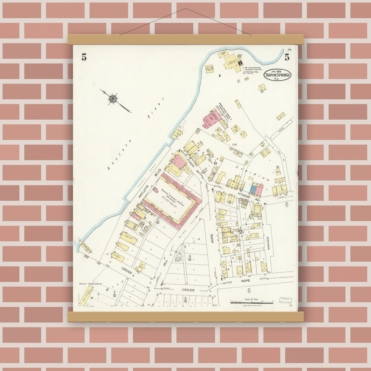 Old map wall art mockup — magnetic wood frame on brick wall — Sanborn Fire Insurance Map from Tarpon Springs, Pinellas County, Florida (1926), Sheet #0005