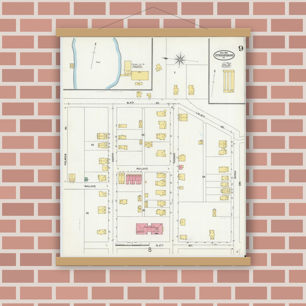 Old map wall art mockup — magnetic wood frame on brick wall — Sanborn Fire Insurance Map from Stroudsburg, Monroe County, Pennsylvania (1905), Sheet #0009