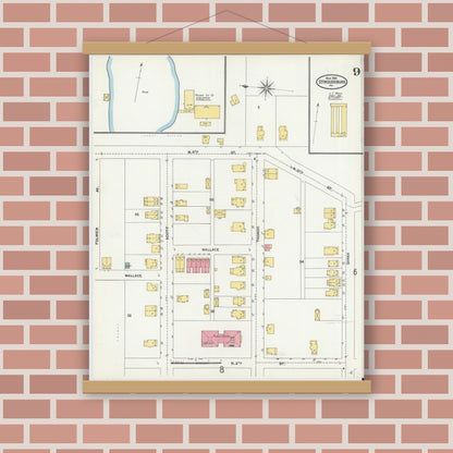 Old map wall art mockup — magnetic wood frame on brick wall — Sanborn Fire Insurance Map from Stroudsburg, Monroe County, Pennsylvania (1905), Sheet #0009