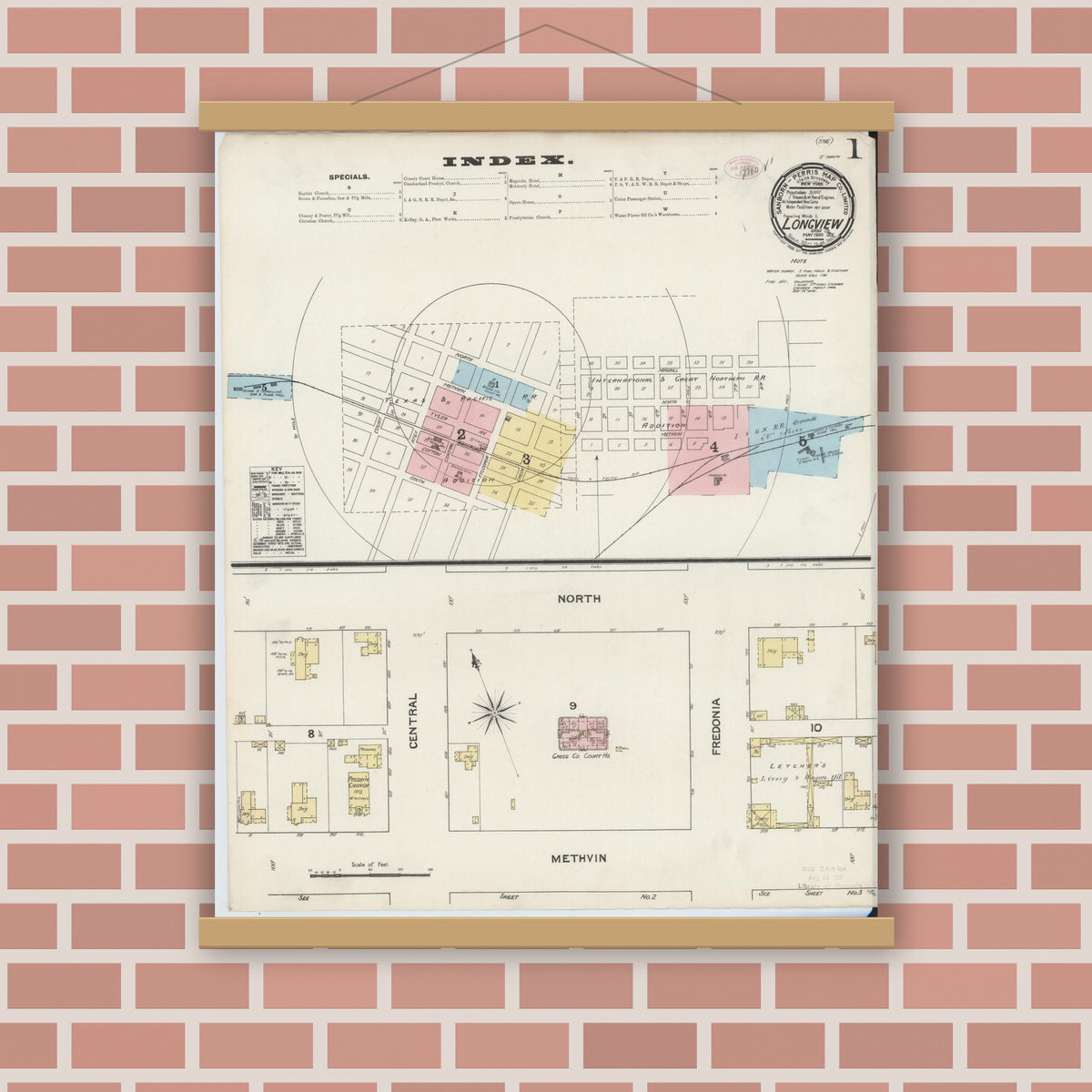 Old map wall art mockup — magnetic wood frame on brick wall — Sanborn Fire Insurance Map from Longview, Gregg County, Texas (1890), Sheet #0001