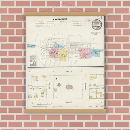 Old map wall art mockup — magnetic wood frame on brick wall — Sanborn Fire Insurance Map from Longview, Gregg County, Texas (1890), Sheet #0001