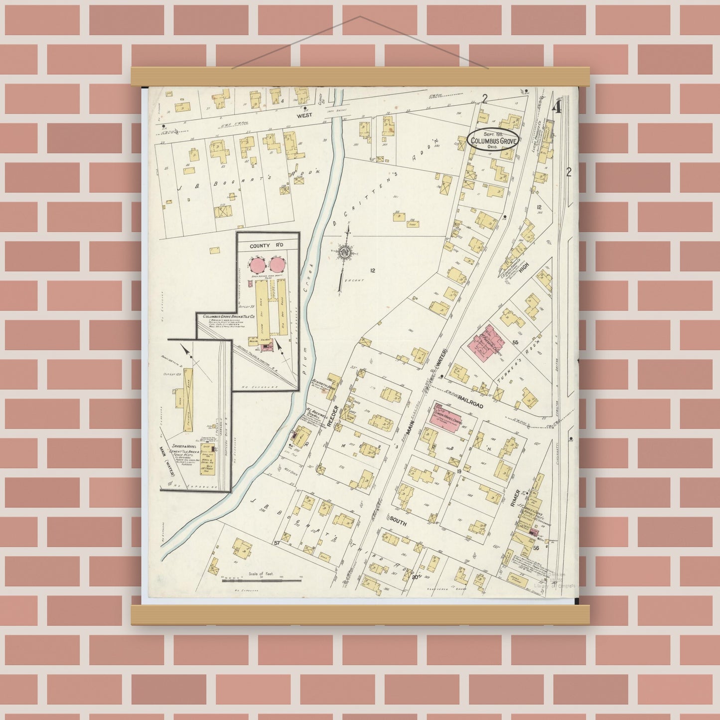 Old map wall art mockup — magnetic wood frame on brick wall — Sanborn Fire Insurance Map from Columbus Grove, Putnam County, Ohio (1911), Sheet #0004