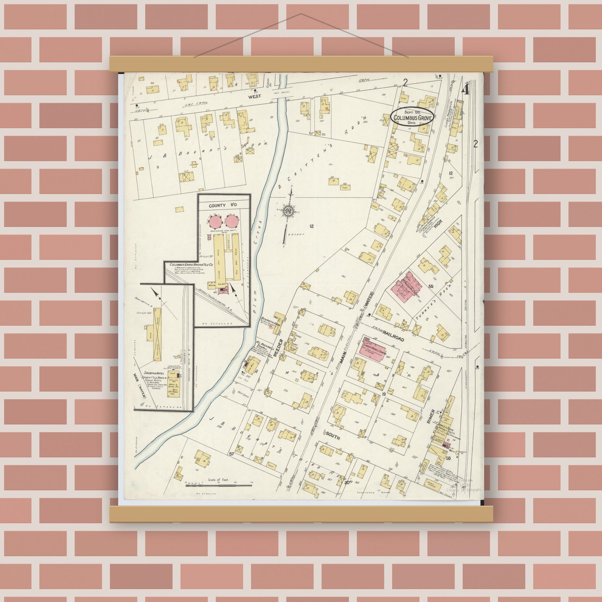Old map wall art mockup — magnetic wood frame on brick wall — Sanborn Fire Insurance Map from Columbus Grove, Putnam County, Ohio (1911), Sheet #0004