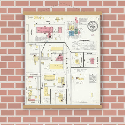 Old map wall art mockup — magnetic wood frame on brick wall — Sanborn Fire Insurance Map from West, McLennan County, Texas (1911) - Complete Map Set
