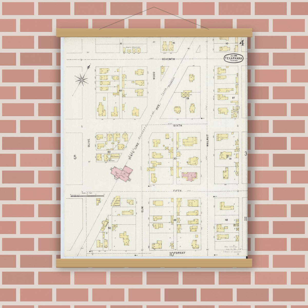 Old map wall art mockup — magnetic wood frame on brick wall — Sanborn Fire Insurance Map from Texarkana, Bowie County, Texas (1896), Sheet #0004