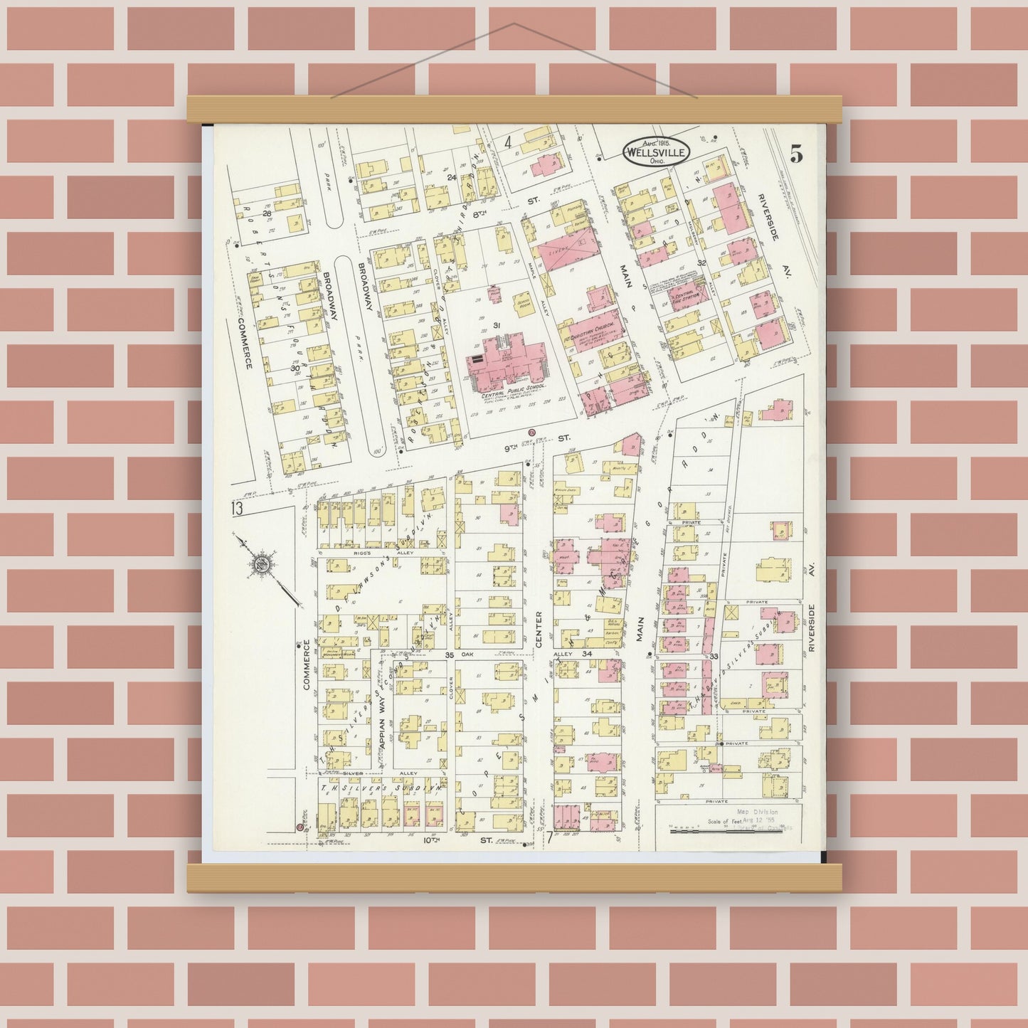 Old map wall art mockup — magnetic wood frame on brick wall — Sanborn Fire Insurance Map from Wellsville, Columbiana County, Ohio (1915), Sheet #0005