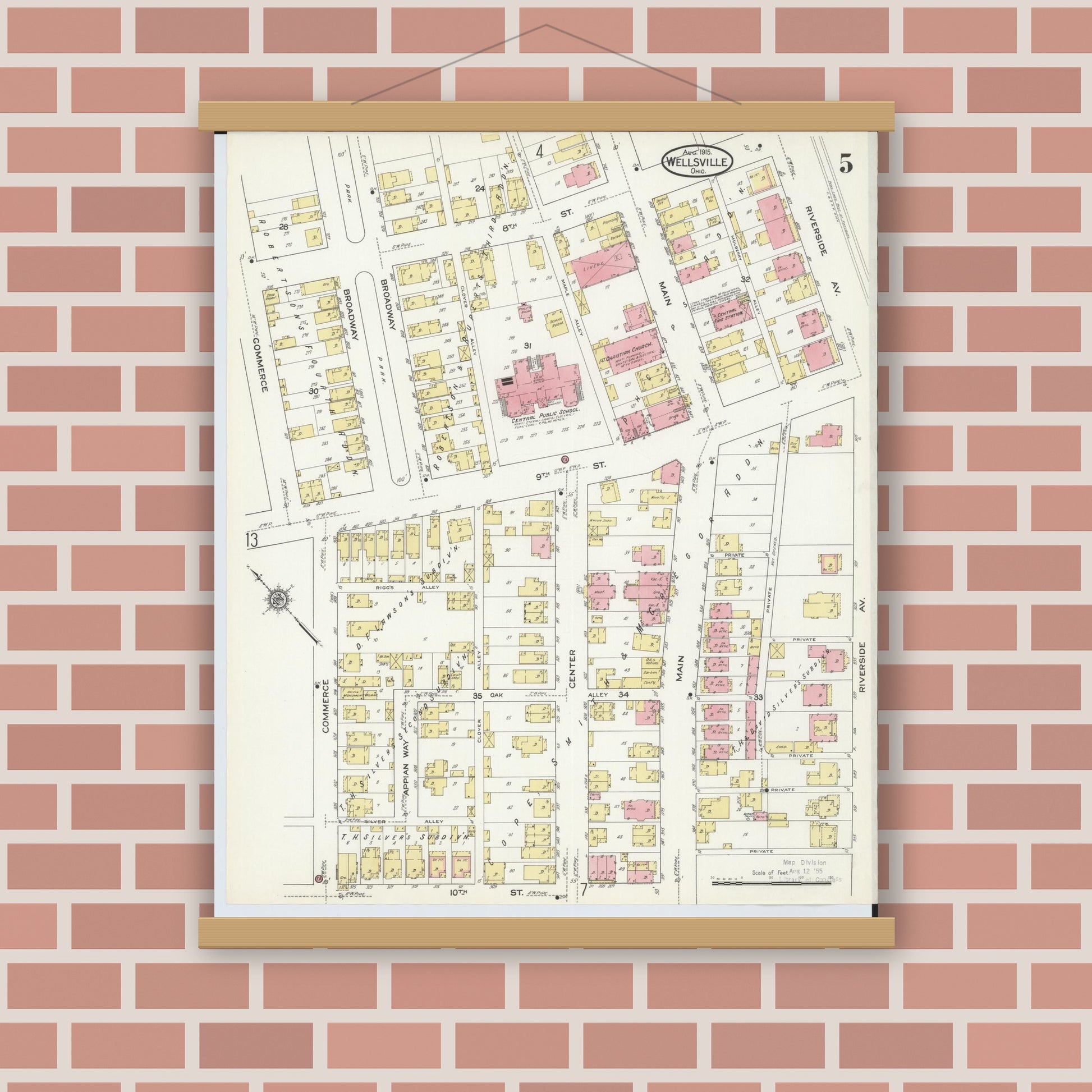 Old map wall art mockup — magnetic wood frame on brick wall — Sanborn Fire Insurance Map from Wellsville, Columbiana County, Ohio (1915), Sheet #0005