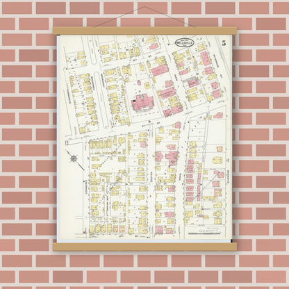 Old map wall art mockup — magnetic wood frame on brick wall — Sanborn Fire Insurance Map from Wellsville, Columbiana County, Ohio (1915), Sheet #0005