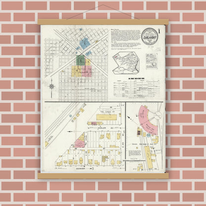 Old map wall art mockup — magnetic wood frame on brick wall — Sanborn Fire Insurance Map from Dalhart, Dallam And Hartley County, Texas (1920), Sheet #0001