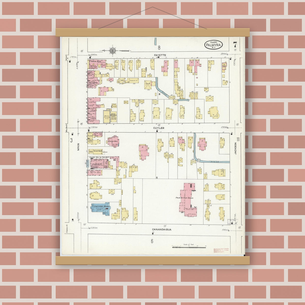 Old map wall art mockup — magnetic wood frame on brick wall — Sanborn Fire Insurance Map from Palmyra, Wayne County, New York (1912), Sheet #0007