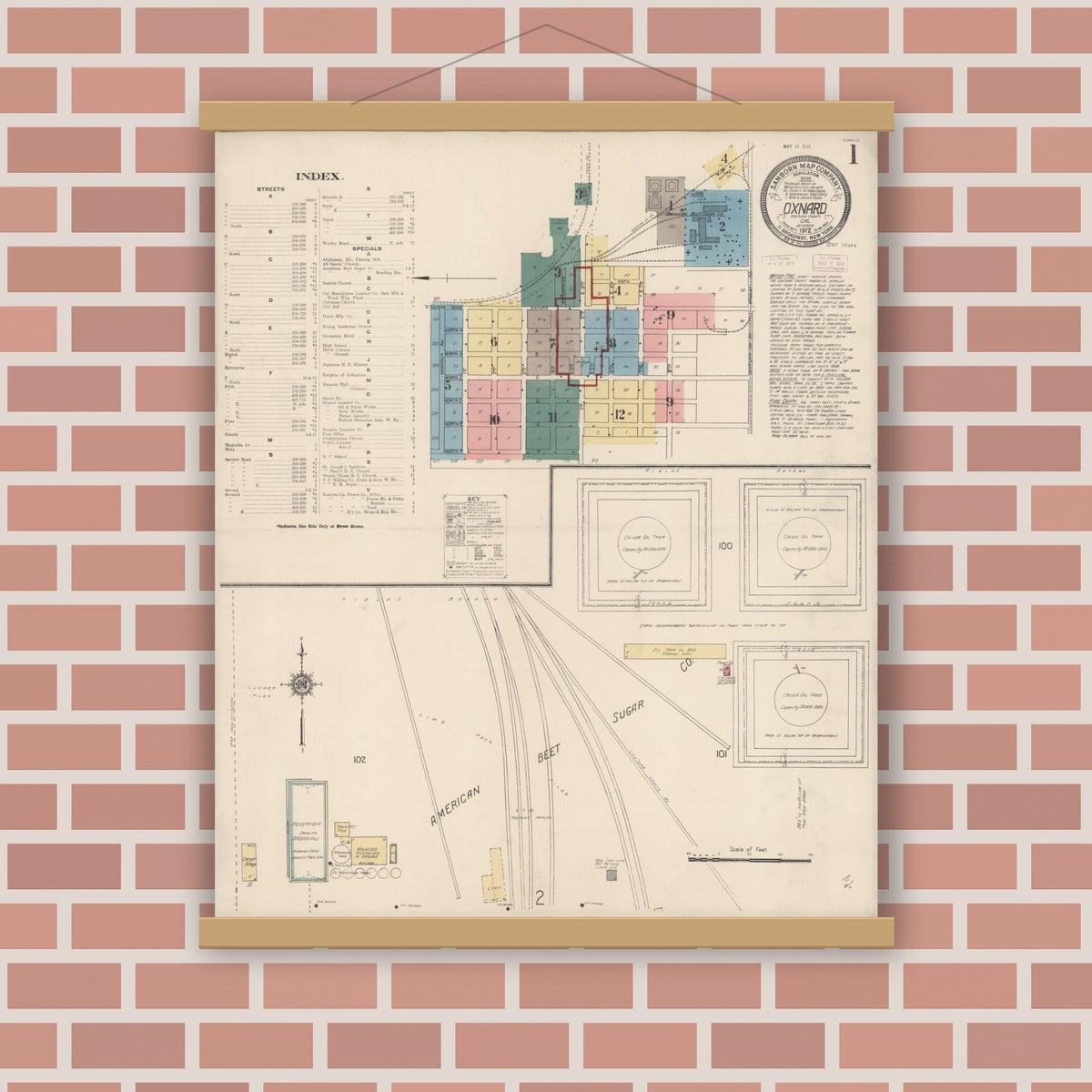 Old map wall art mockup — magnetic wood frame on brick wall — Sanborn Fire Insurance Map from Oxnard, Ventura County, California (1912) - Complete Map Set