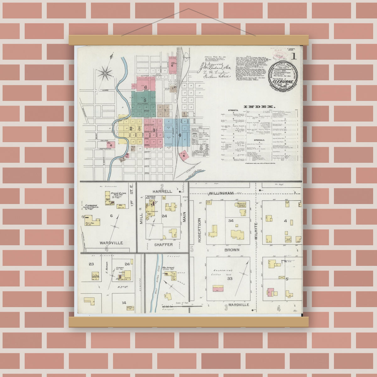 Old map wall art mockup — magnetic wood frame on brick wall — Sanborn Fire Insurance Map from Cleburne, Johnson County, Texas (1893), Sheet #0001