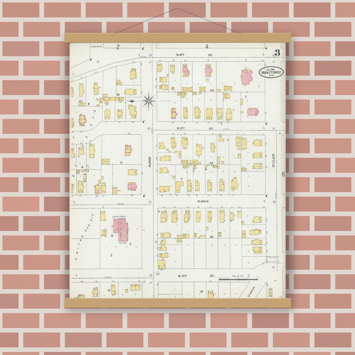 Old map wall art mockup — magnetic wood frame on brick wall — Sanborn Fire Insurance Map from Manitowoc, Manitowoc County, Wisconsin (1906), Sheet #0003