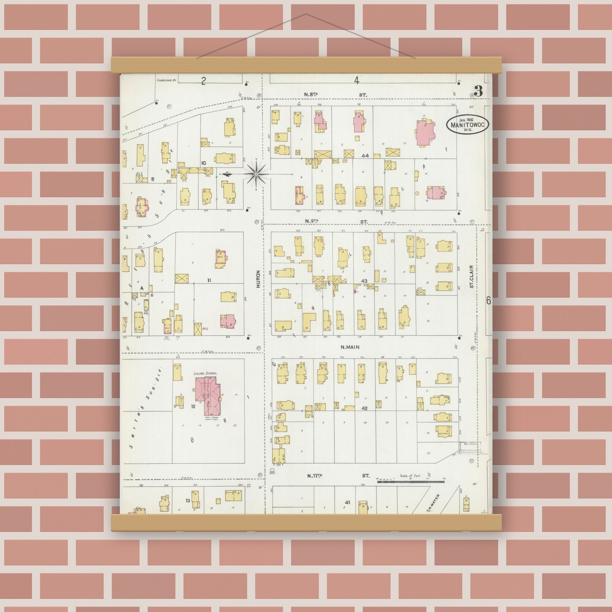 Old map wall art mockup — magnetic wood frame on brick wall — Sanborn Fire Insurance Map from Manitowoc, Manitowoc County, Wisconsin (1906), Sheet #0003