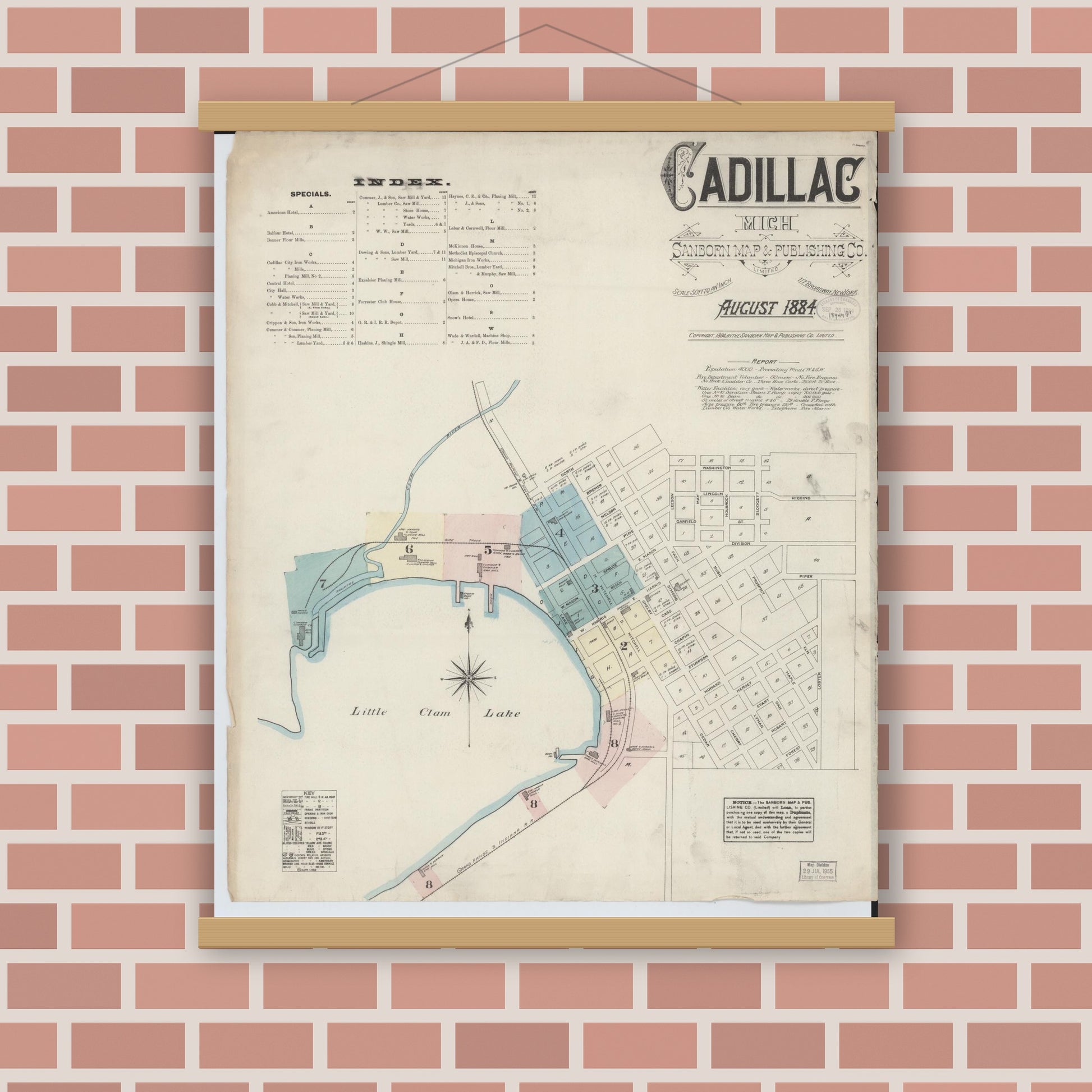 Old map wall art mockup — magnetic wood frame on brick wall — Sanborn Fire Insurance Map from Cadillac, Wexford County, Michigan (1884) - Complete Map Set
