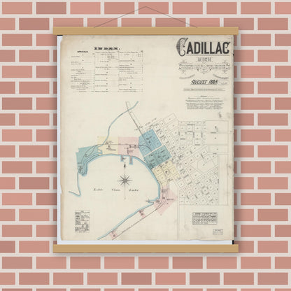 Old map wall art mockup — magnetic wood frame on brick wall — Sanborn Fire Insurance Map from Cadillac, Wexford County, Michigan (1884) - Complete Map Set
