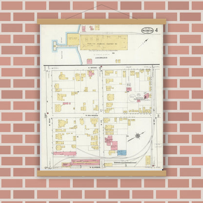Old map wall art mockup — magnetic wood frame on brick wall — Sanborn Fire Insurance Map from Washington, Beaufort County, North Carolina (1916), Sheet #0004