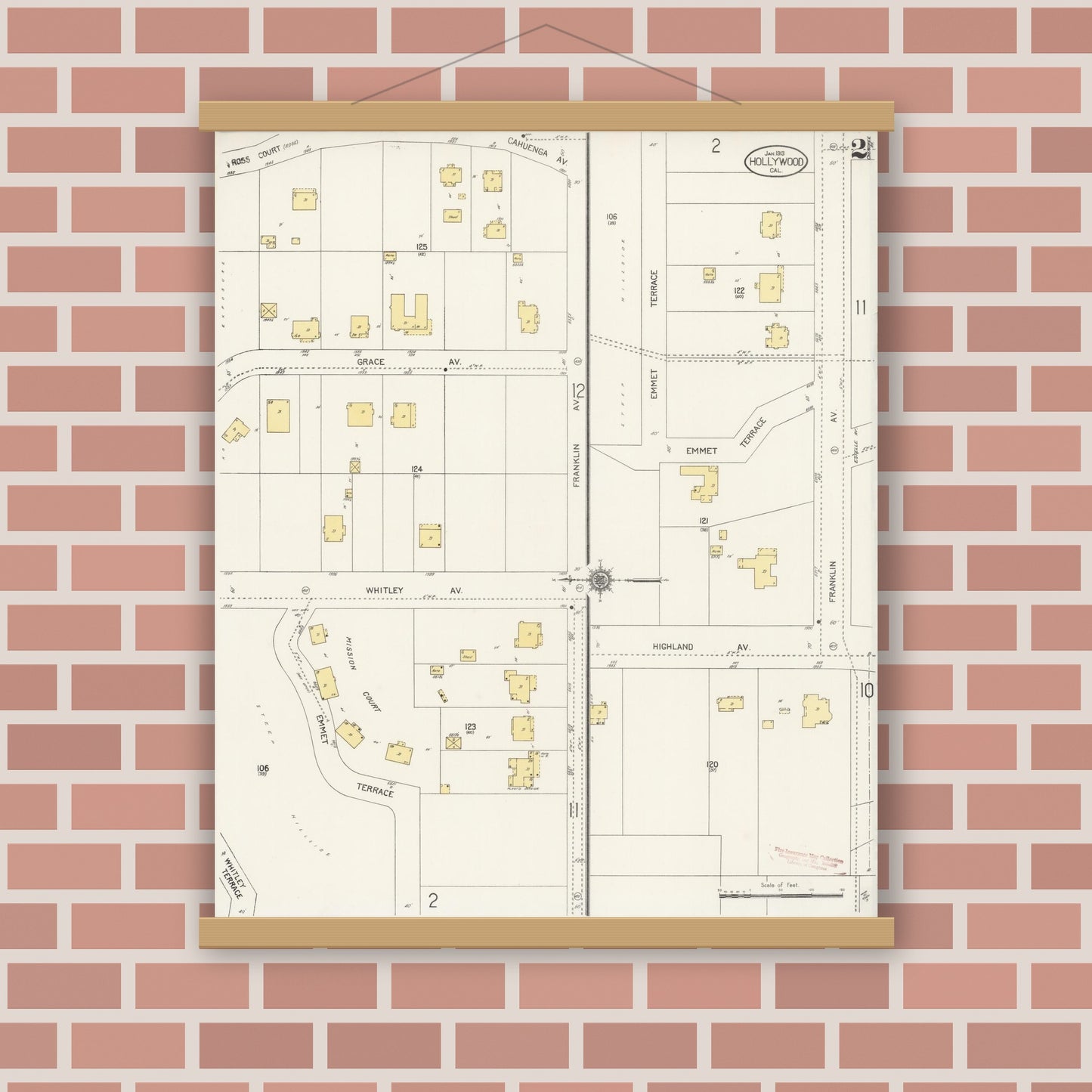 Old map wall art mockup — magnetic wood frame on brick wall — Sanborn Fire Insurance Map from Hollywood, Los Angeles County, California (1913), Sheet #0002