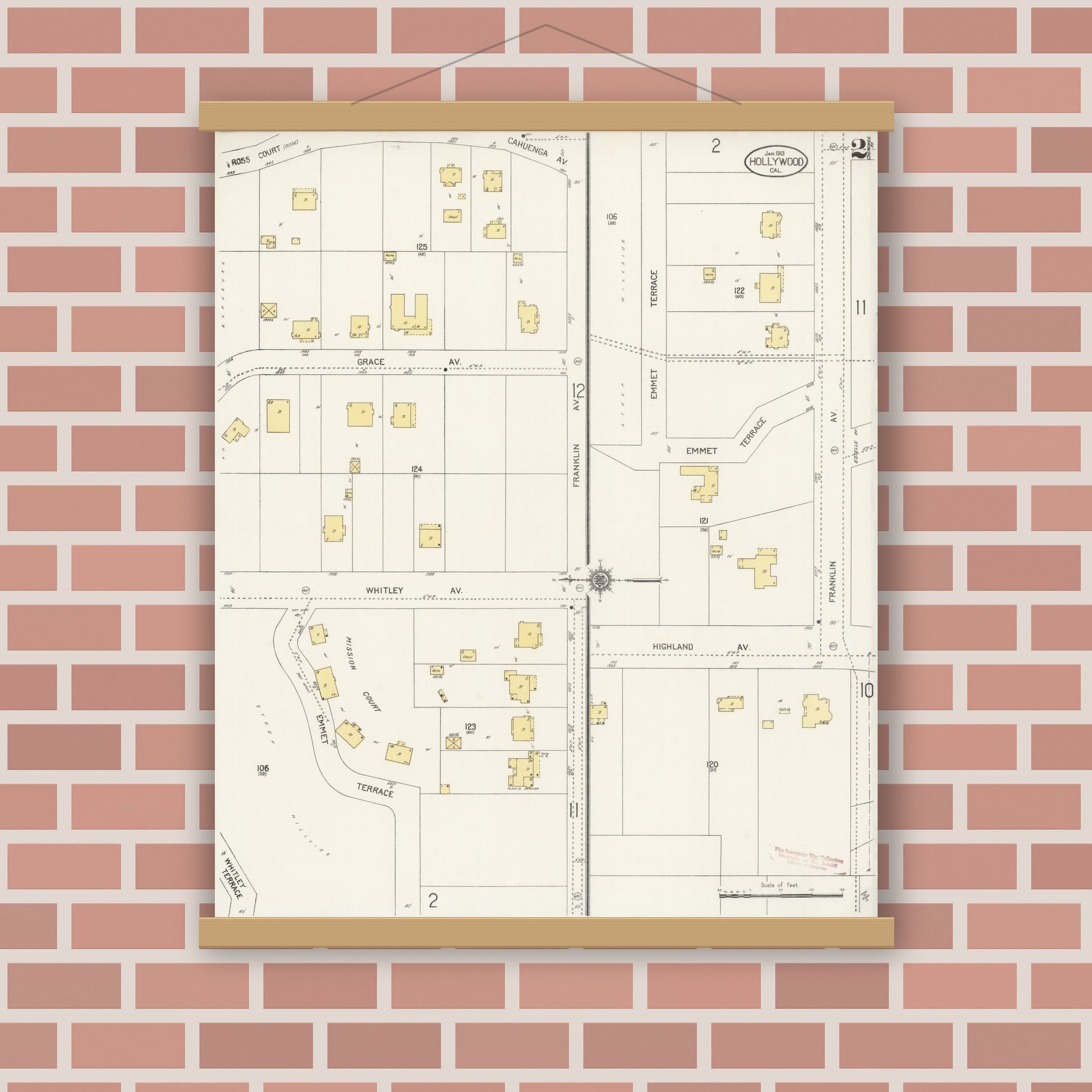 Old map wall art mockup — magnetic wood frame on brick wall — Sanborn Fire Insurance Map from Hollywood, Los Angeles County, California (1913), Sheet #0002