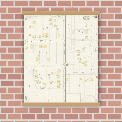 Old map wall art mockup — magnetic wood frame on brick wall — Sanborn Fire Insurance Map from Hollywood, Los Angeles County, California (1913), Sheet #0002