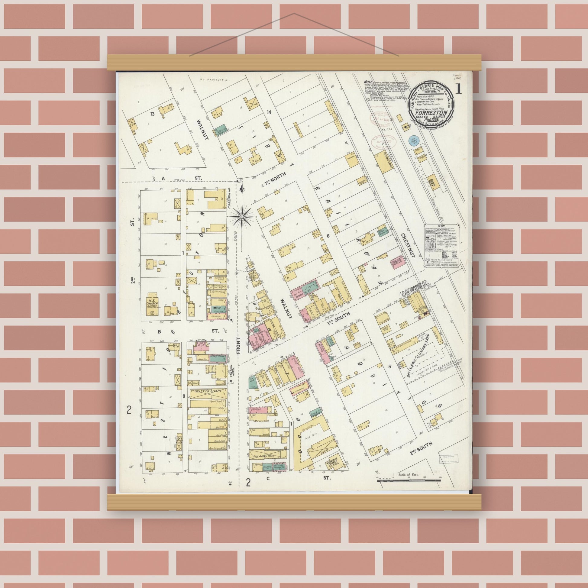 Old map wall art mockup — magnetic wood frame on brick wall — Sanborn Fire Insurance Map from Forreston, Ogle County, Illinois (1899), Sheet #0001