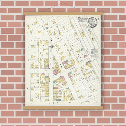 Old map wall art mockup — magnetic wood frame on brick wall — Sanborn Fire Insurance Map from Forreston, Ogle County, Illinois (1899), Sheet #0001