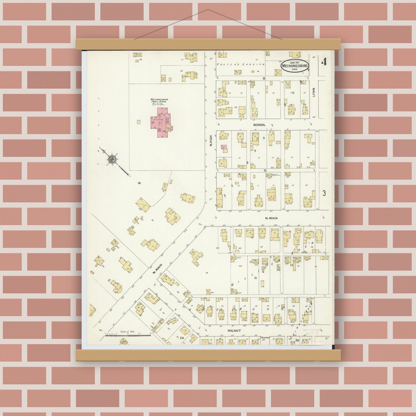 Old map wall art mockup — magnetic wood frame on brick wall — Sanborn Fire Insurance Map from Mechanicsburg, Champaign County, Ohio (1911), Sheet #0004