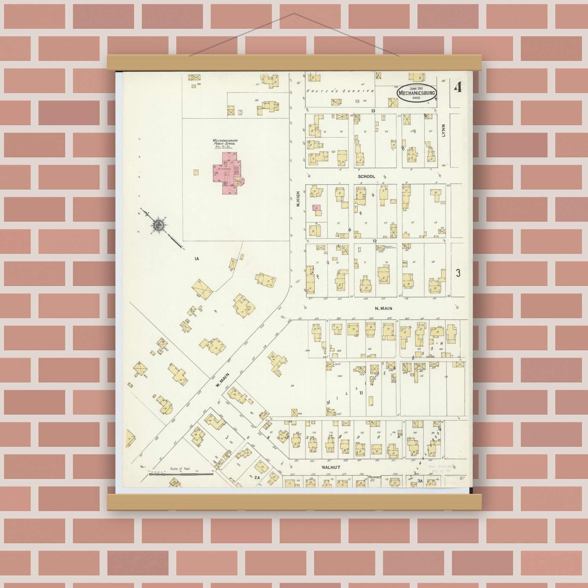 Old map wall art mockup — magnetic wood frame on brick wall — Sanborn Fire Insurance Map from Mechanicsburg, Champaign County, Ohio (1911), Sheet #0004