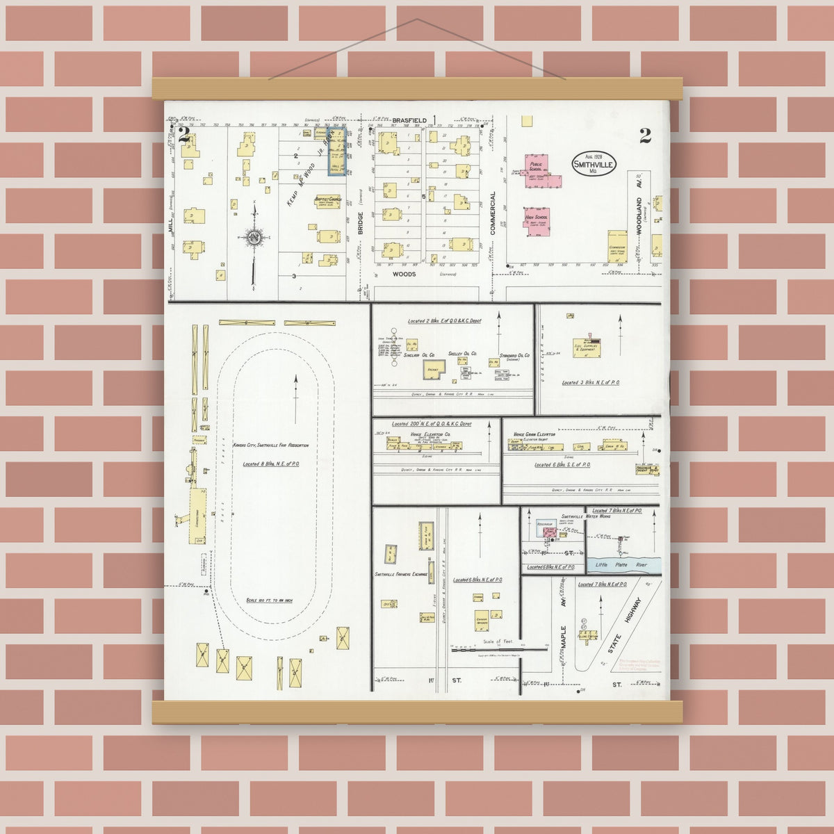 Old map wall art mockup — magnetic wood frame on brick wall — Sanborn Fire Insurance Map from Smithville, Clay County, Missouri (1928), Sheet #0002