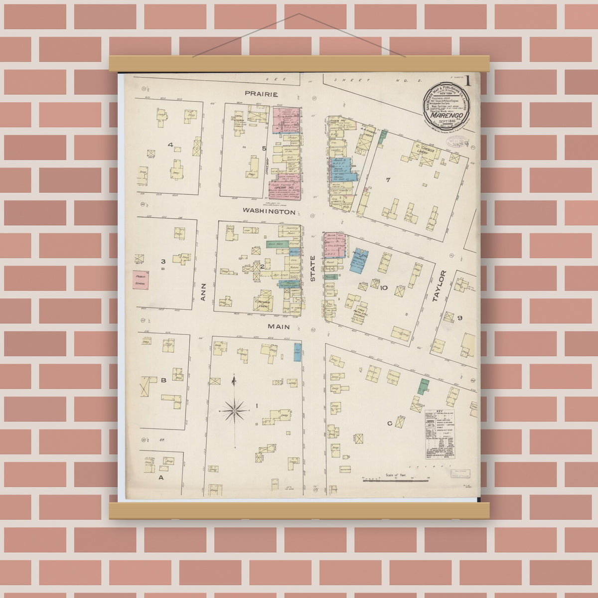 Old map wall art mockup — magnetic wood frame on brick wall — Sanborn Fire Insurance Map from Marengo, McHenry County, Illinois (1885) - Complete Map Set
