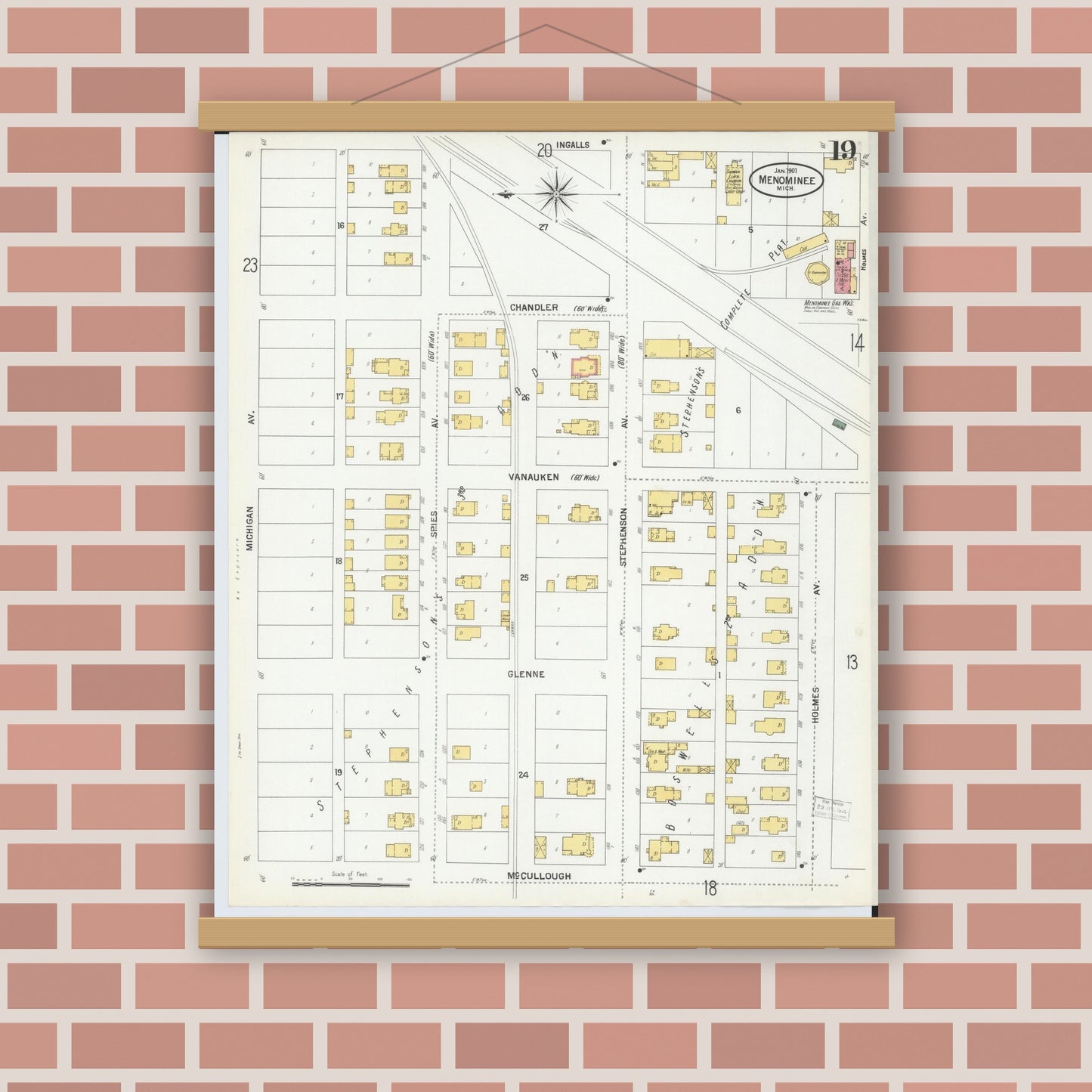 Old map wall art mockup — magnetic wood frame on brick wall — Sanborn Fire Insurance Map from Menominee, Menominee County, Michigan (1901), Sheet #0019