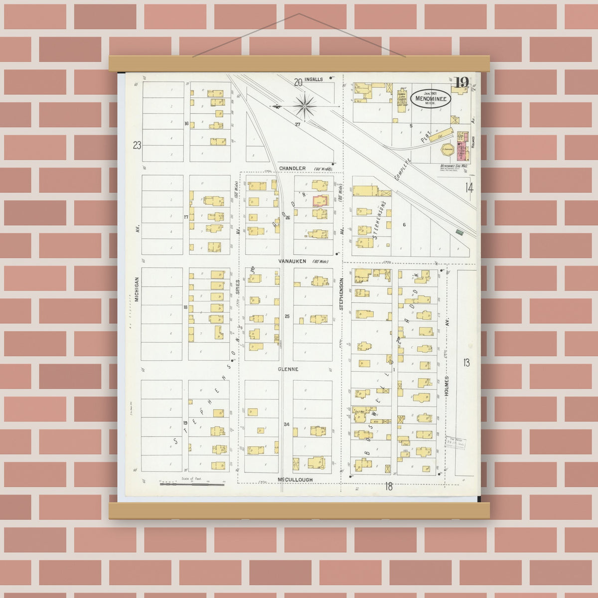 Old map wall art mockup — magnetic wood frame on brick wall — Sanborn Fire Insurance Map from Menominee, Menominee County, Michigan (1901), Sheet #0019