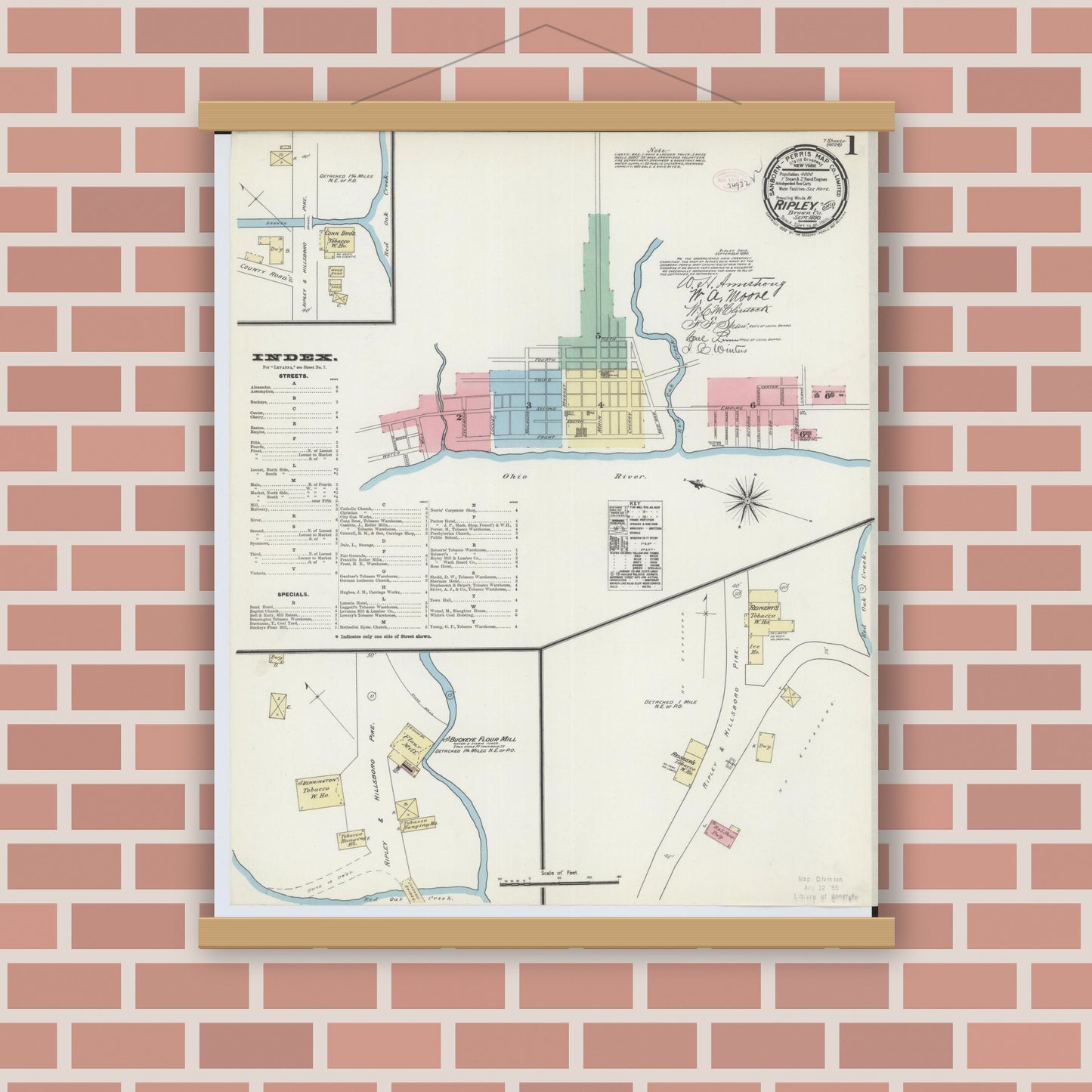 Old map wall art mockup — magnetic wood frame on brick wall — Sanborn Fire Insurance Map from Ripley, Brown County, Ohio (1890), Sheet #0001