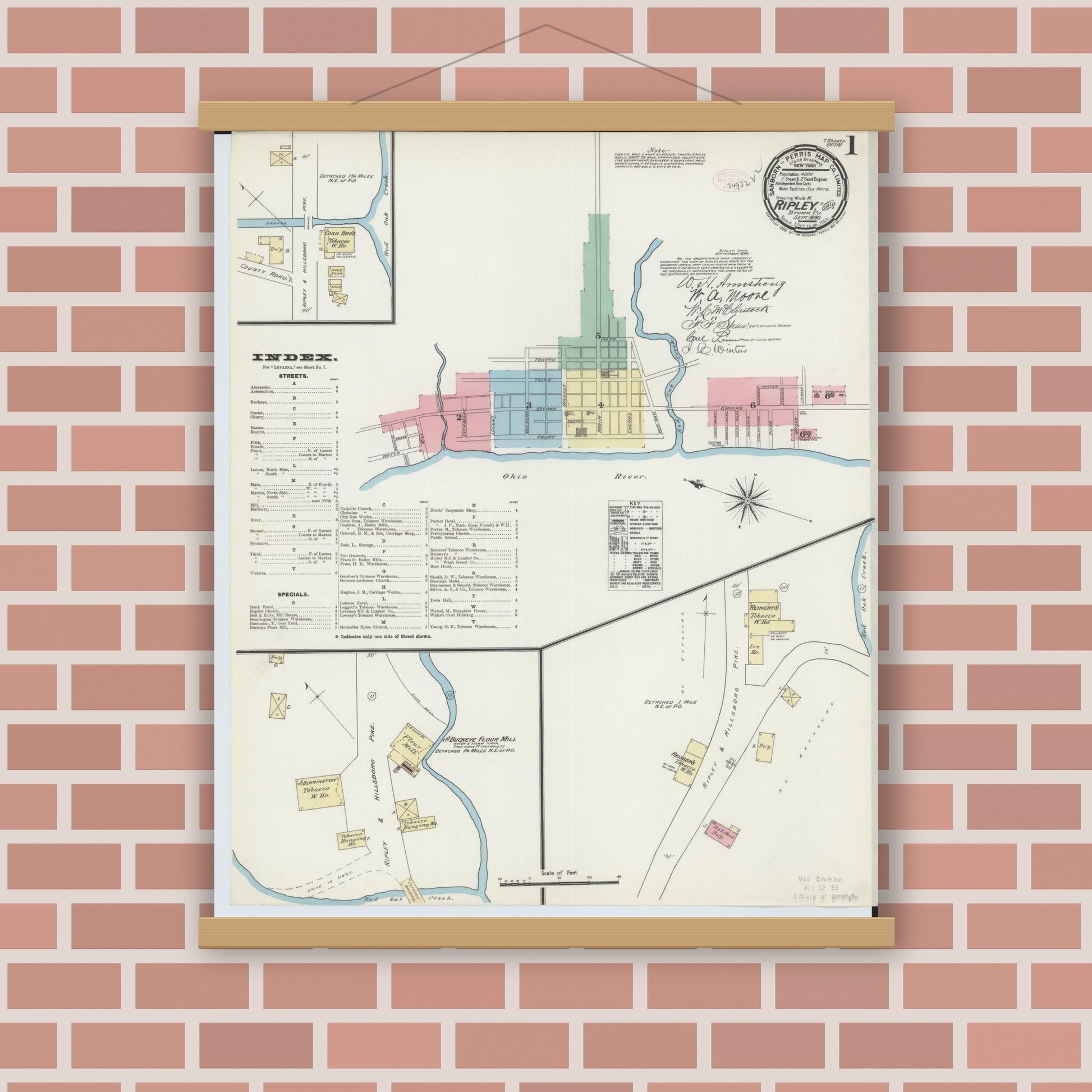 Old map wall art mockup — magnetic wood frame on brick wall — Sanborn Fire Insurance Map from Ripley, Brown County, Ohio (1890), Sheet #0001