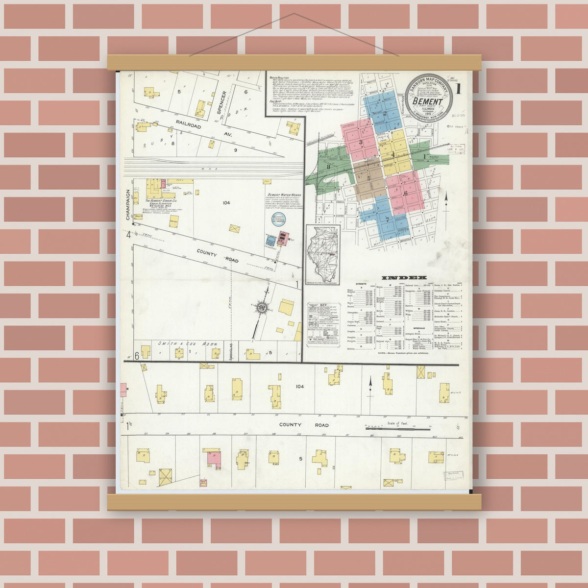 Old map wall art mockup — magnetic wood frame on brick wall — Sanborn Fire Insurance Map from Bement, Piatt County, Illinois (1915) - Complete Map Set