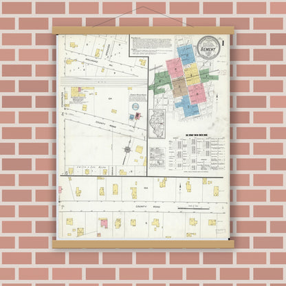 Old map wall art mockup — magnetic wood frame on brick wall — Sanborn Fire Insurance Map from Bement, Piatt County, Illinois (1915) - Complete Map Set
