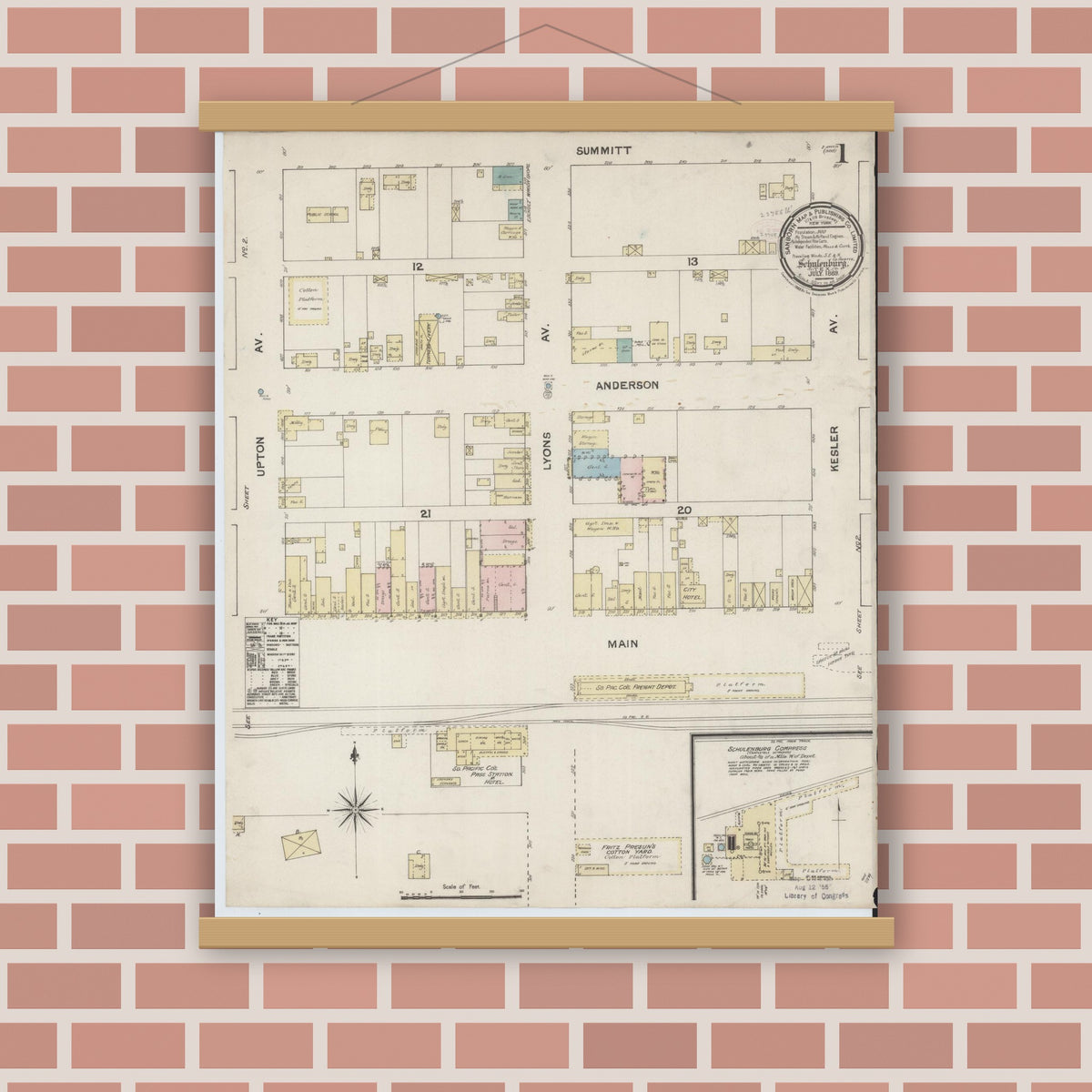 Old map wall art mockup — magnetic wood frame on brick wall — Sanborn Fire Insurance Map from Schulenburg, Fayette County, Texas (1889) - Complete Map Set